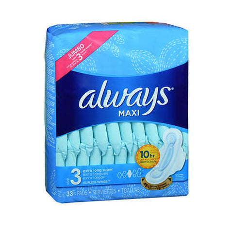 Always Discreet, Always Maxi Pads With Flexi-Wings Size 3 Jumbo Pack Extra Long Super, 33 Each Always Discreet