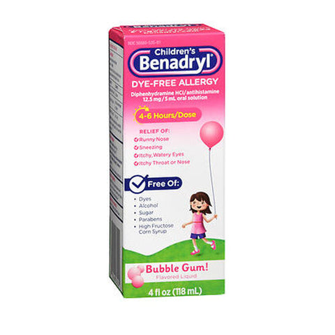 Benadryl, Children's Dye-Free Allergy Liquid Bubble Gum Flavored, 4 Oz Benadryl