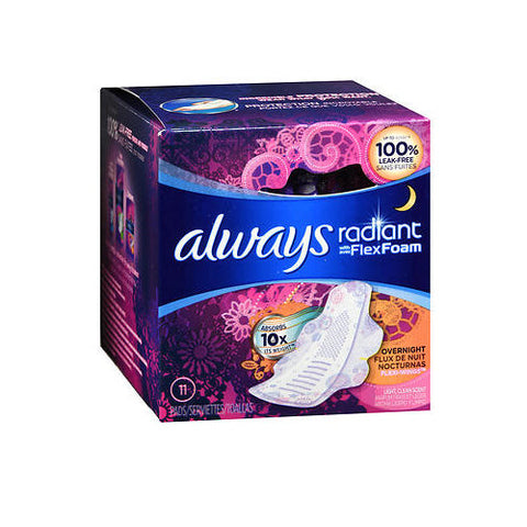 Always Discreet, Always Radiant Pads With Flexi-Wings Overnight Flow Light Clean Scent, 10 Each Always Discreet