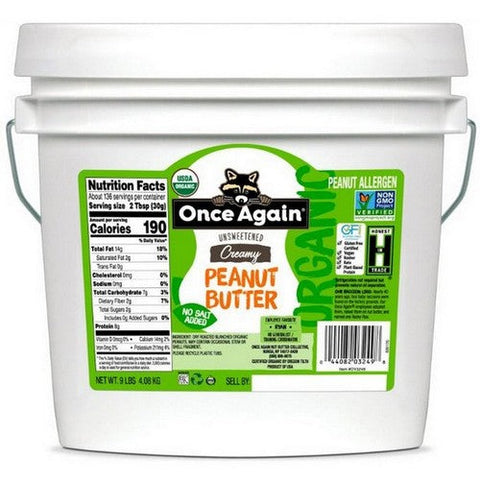 Once Again Nut Butter, Organic Unsweetened Creamy Peanut Butter, 9 Lbs Once Again Nut Butter
