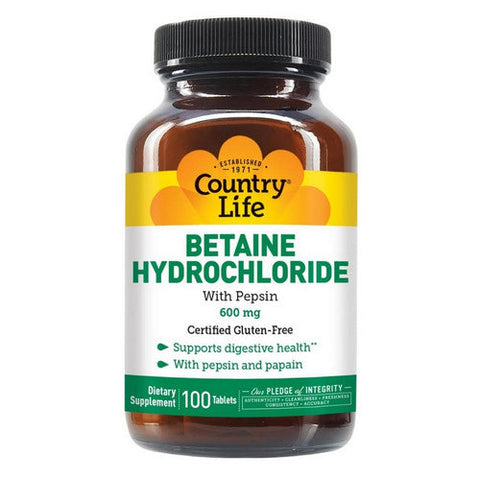 Country Life, Betaine Hydrochloride with Pepsin, 600 MG, 100 Tabs Country Life